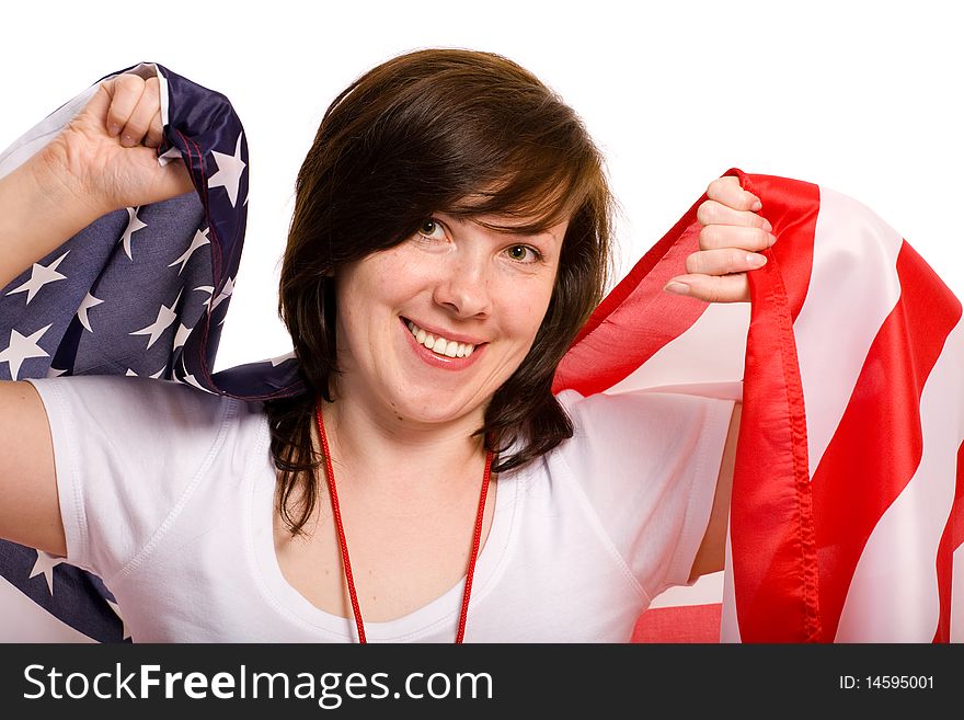 Young happy female with american flag, isolated on white background, arms up in the victory gesture. Young happy female with american flag, isolated on white background, arms up in the victory gesture