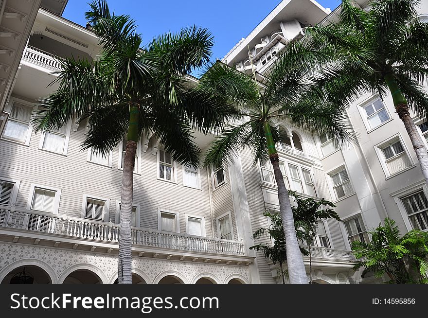 Detail of Waikiki hotel, also known as the First Lady of Waikiki, is a famous historic hotel on the island of Oahu built in 1901. Detail of Waikiki hotel, also known as the First Lady of Waikiki, is a famous historic hotel on the island of Oahu built in 1901.