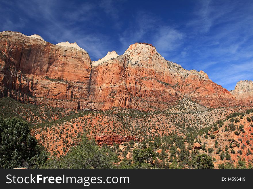 red cliff mountain range in Zion national park.utah.USA.  red cliff mountain range in Zion national park.utah.USA