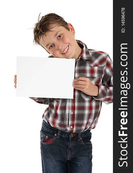 A smiling boy holding your sign, advertisement, award, placard, message or other.  White background. A smiling boy holding your sign, advertisement, award, placard, message or other.  White background.