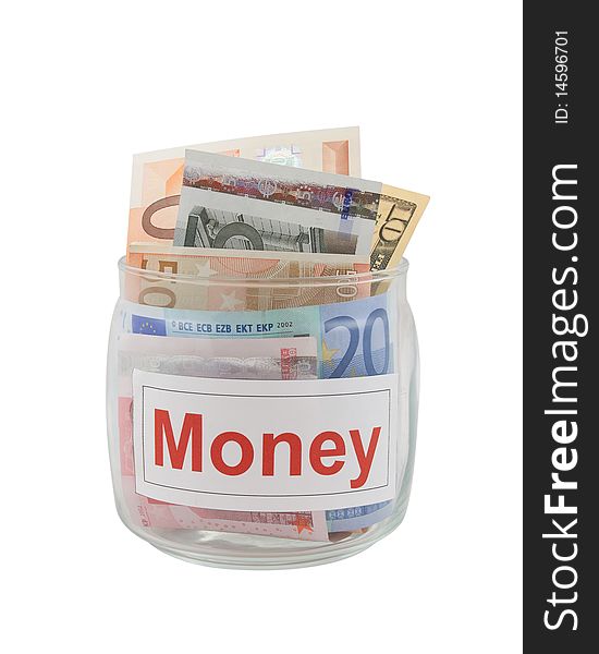 Conceptual photo of a money. Euro and dollar banknotes in a glass jar isolated over white.