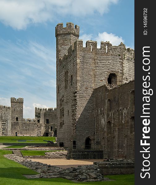 A view inside the World Heritage site of Caernarfon Castle showing the towers and walls