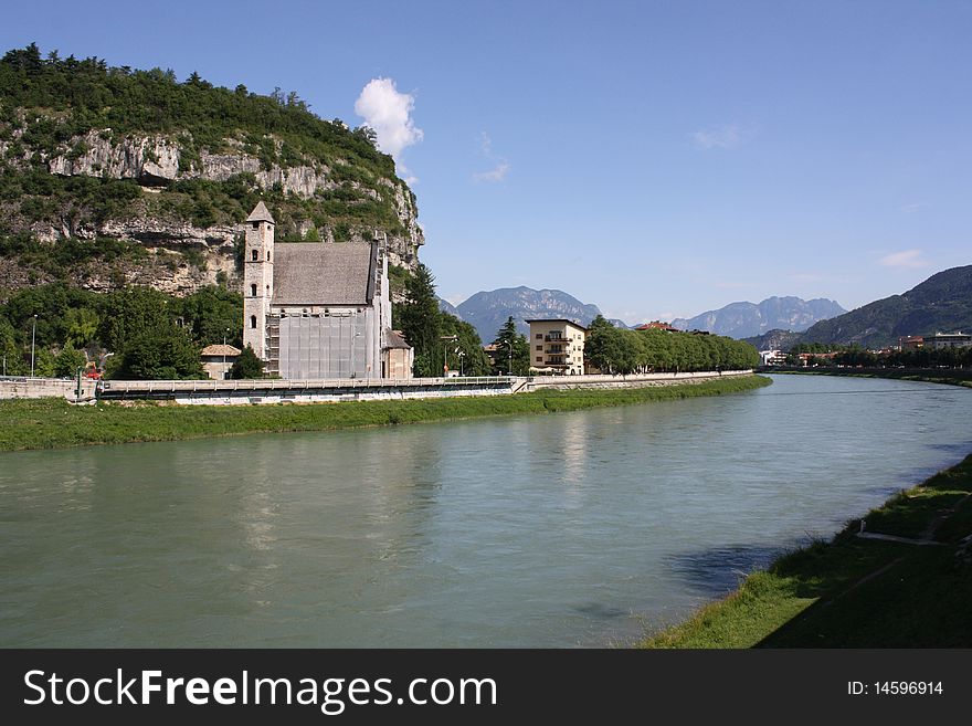 Little church on river adige, north italy. Little church on river adige, north italy