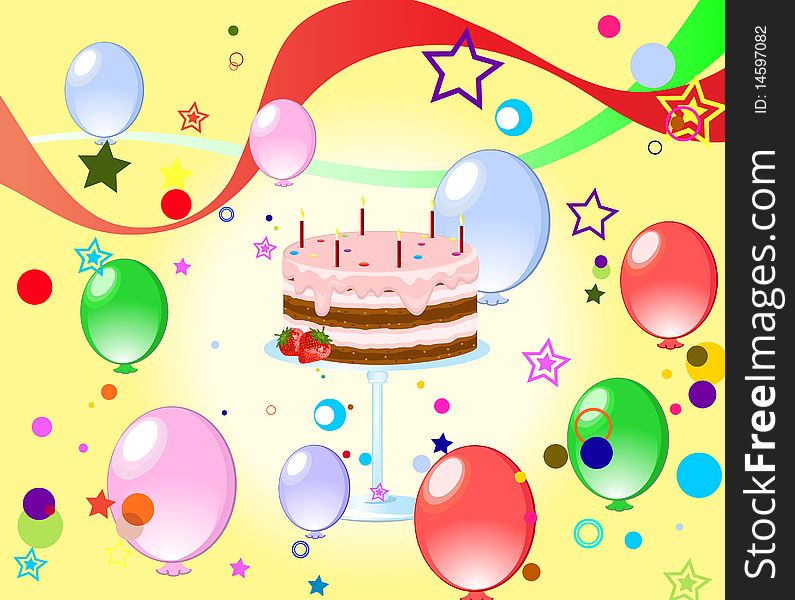 Colorful background with cake and balloons