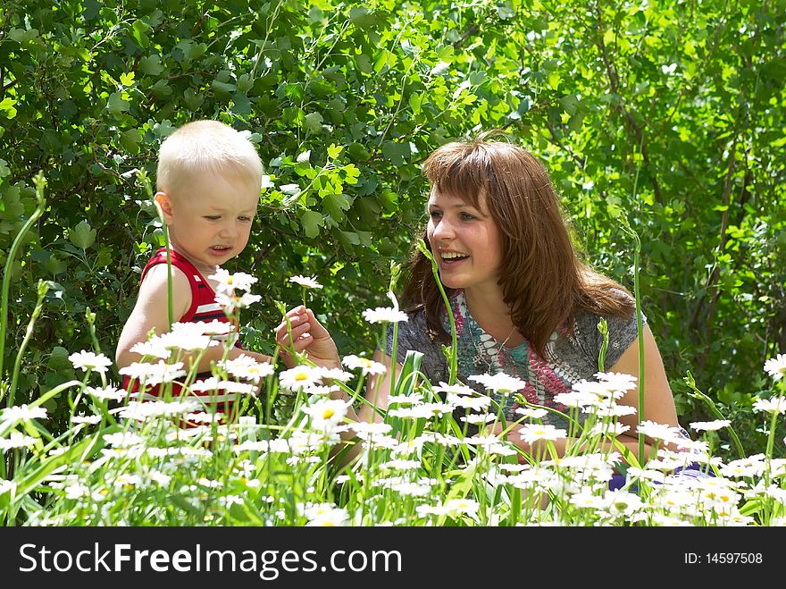 Young mum with the son look at camomiles in the summer. Young mum with the son look at camomiles in the summer