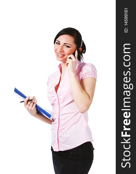 Portrait of a attractive young girl in pink blouse with papers on white background.