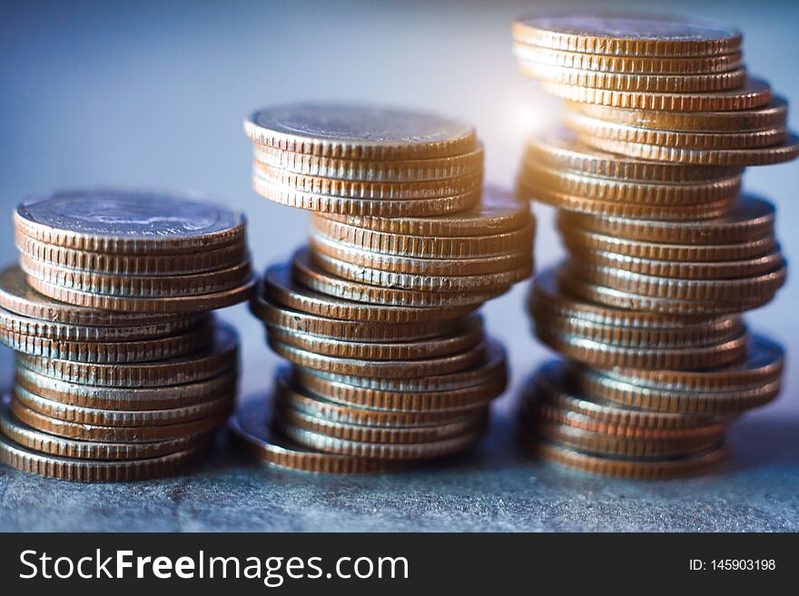 Finance and business concept. Double exposure and rows of coins for banking. Finance and business concept. Double exposure and rows of coins for banking