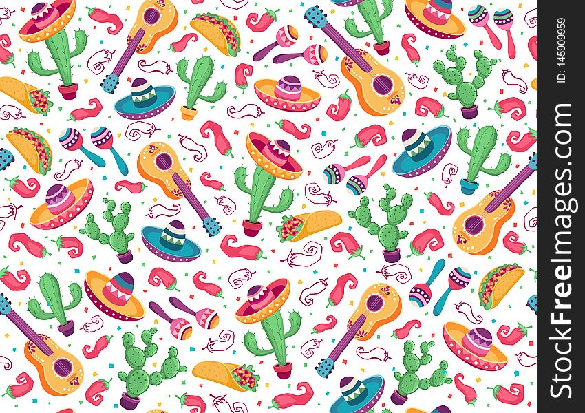 Mexican Seamless Pattern  With Cactus And Guitar