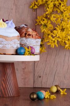 Delicious Pastry Baking. Easter Cake With Filling. Quail Eggs. Flowers, Table, Dishes Royalty Free Stock Photography
