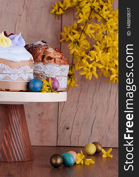 Delicious pastry baking. Easter cake with filling. Quail eggs. Flowers, table, dishes
