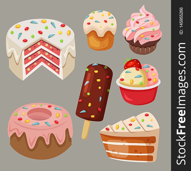 Stock vector delicious sweets and cake with rainbow sprinkles