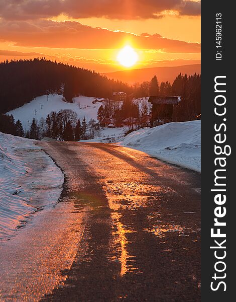 Beautiful sunset at peak of Gruň Staré Hamry, CHKO Beskydy - Czech Republic