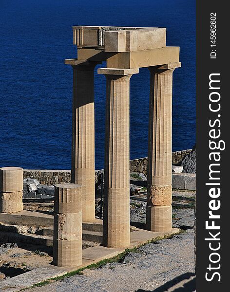 Pillars of a Temple in the Acropolis of Lindos in Rhodes Island, Greece