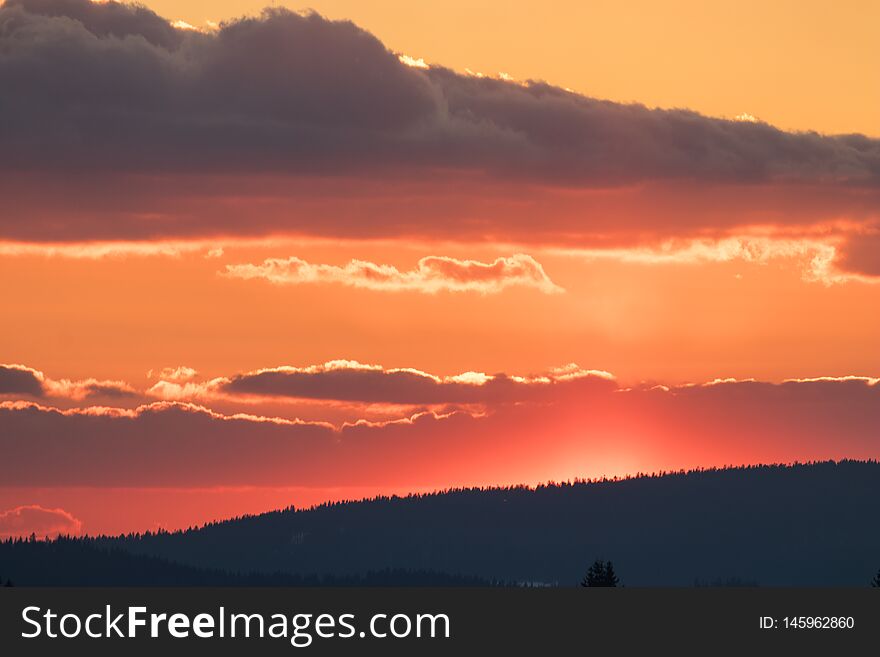 Beautiful sunset at peak of Gruň Staré Hamry, CHKO Beskydy - Czech Republic