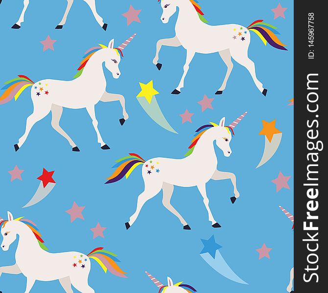 Seamless pattern with stars and unicorns on blue background. Seamless pattern with stars and unicorns on blue background.