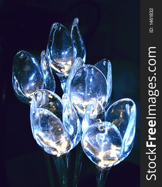 Glass tulip bouquet against a dark background, lit from beneath. Glass tulip bouquet against a dark background, lit from beneath