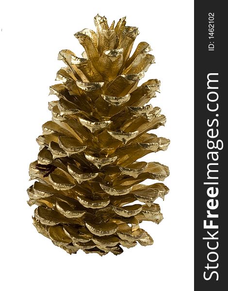A gilt painted pine cone isolated over white. A gilt painted pine cone isolated over white