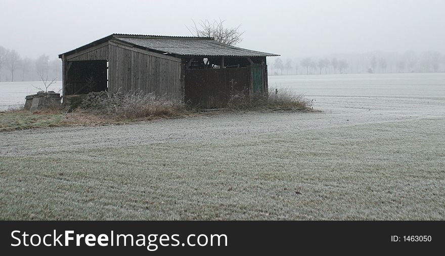 Shed in snow