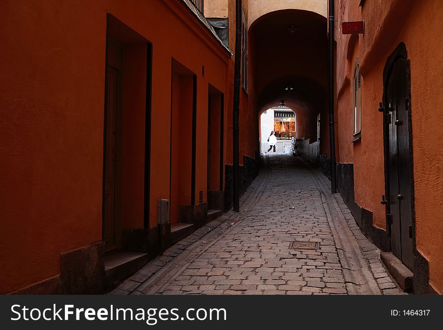 A historic Cobbled Alley in Gamla Stan, Stockholm, Sweden. A historic Cobbled Alley in Gamla Stan, Stockholm, Sweden