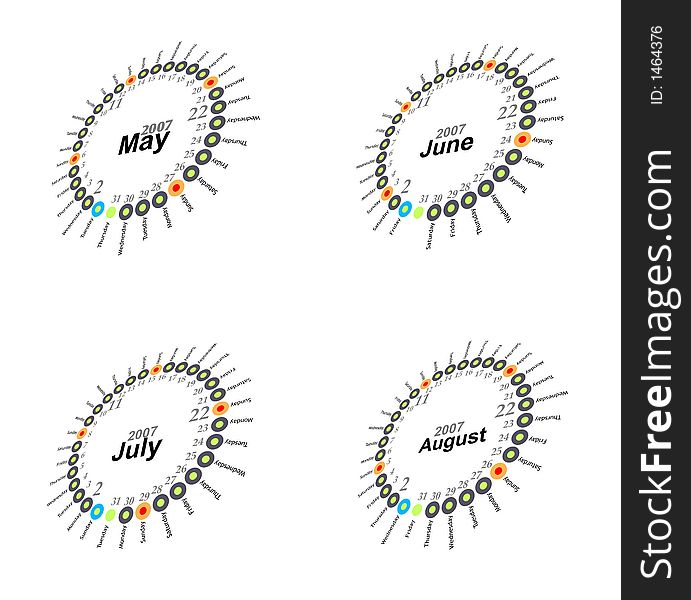 2007 may june july august calendar. Perspective view. 2007 may june july august calendar. Perspective view