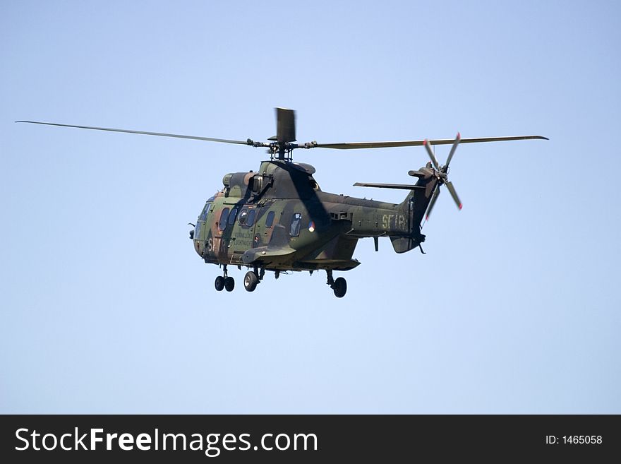 Military helicopter Eurocopter in flight.