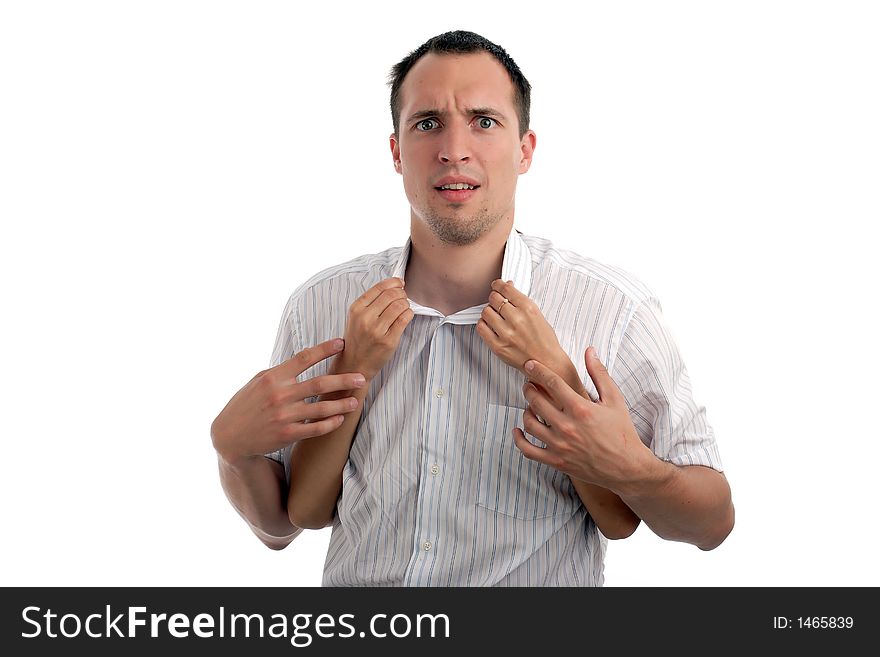 Portrait of a young man, woman hiding behind him. Portrait of a young man, woman hiding behind him