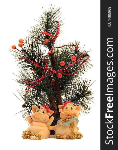 New year card with 2 pigs and fir tree. New year card with 2 pigs and fir tree