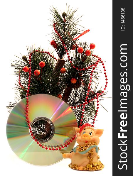 Pigs and cd under fir tree, clipart