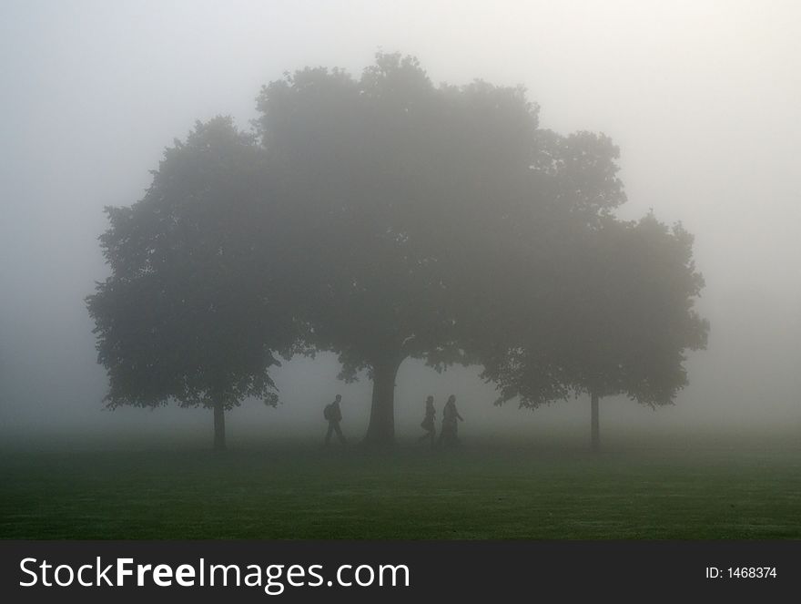 Students on their way to lectures one misty morning