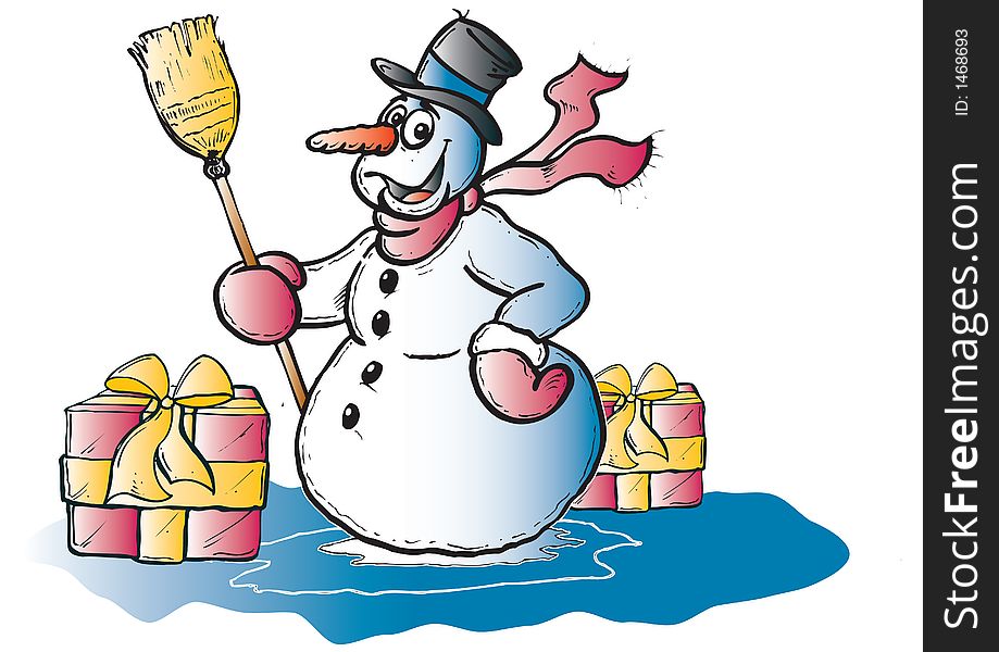 Snowman at winter with little Presents