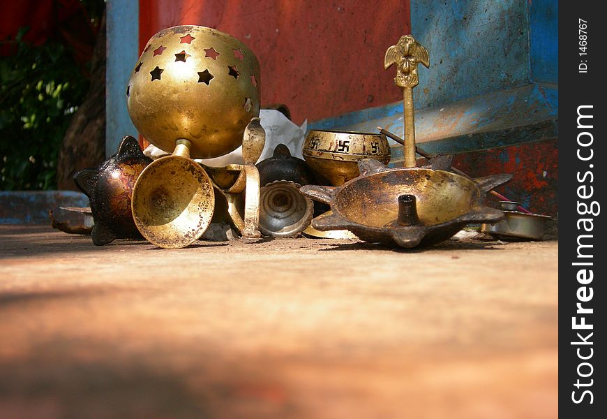 Worshiping equipments from Indian temple. Worshiping equipments from Indian temple.