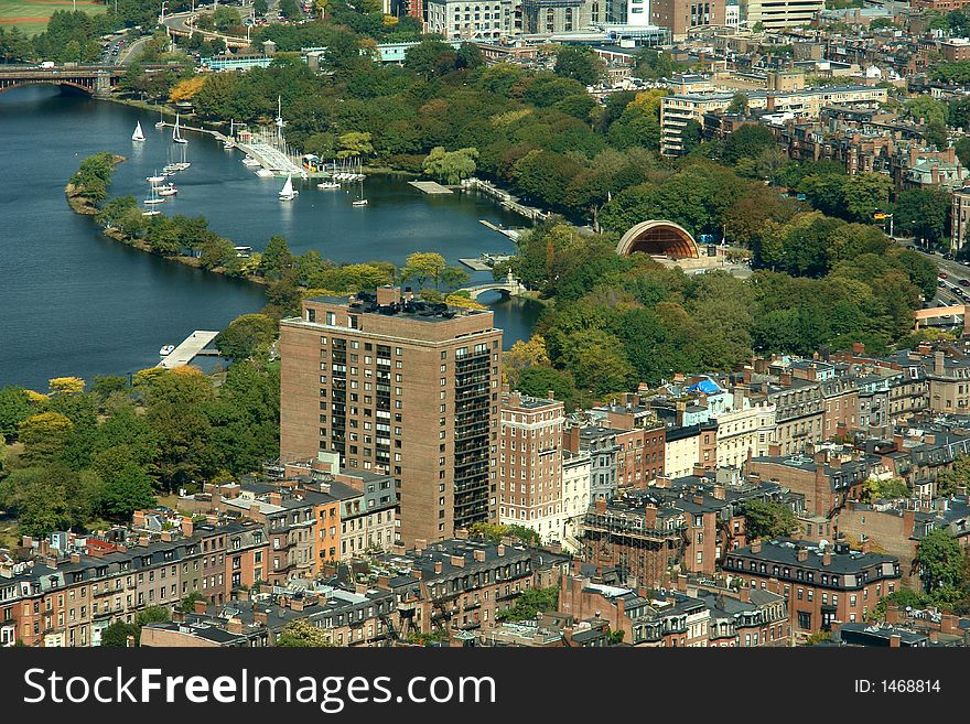 View of Charles River, estuary, bandshell and downtown boston. View of Charles River, estuary, bandshell and downtown boston