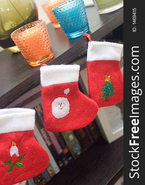 Christmas socks decoration on a shelf. Christmas socks decoration on a shelf