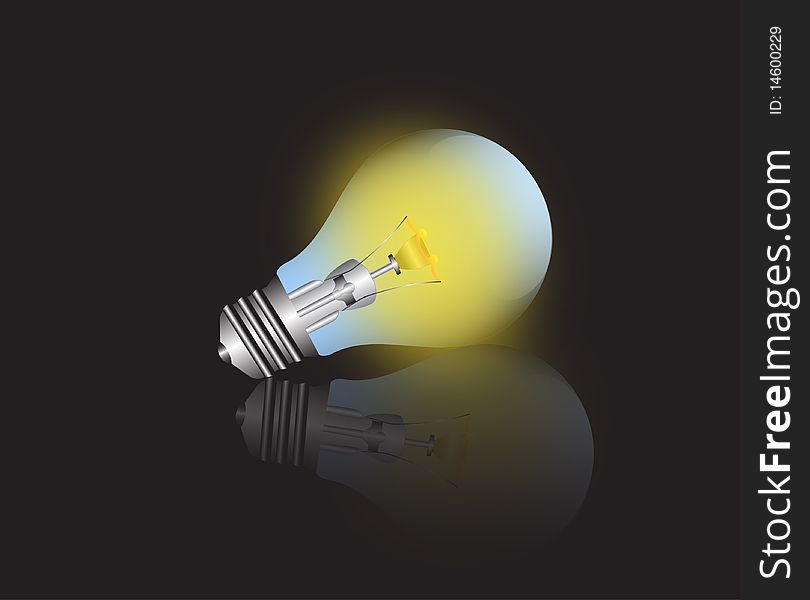 Illustration of shining light bulb over dark background wit reflection. Illustration of shining light bulb over dark background wit reflection