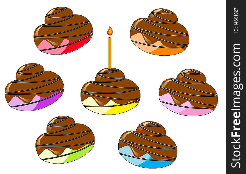 Colorful cup cakes with chocolate glazing and a candle on a white background