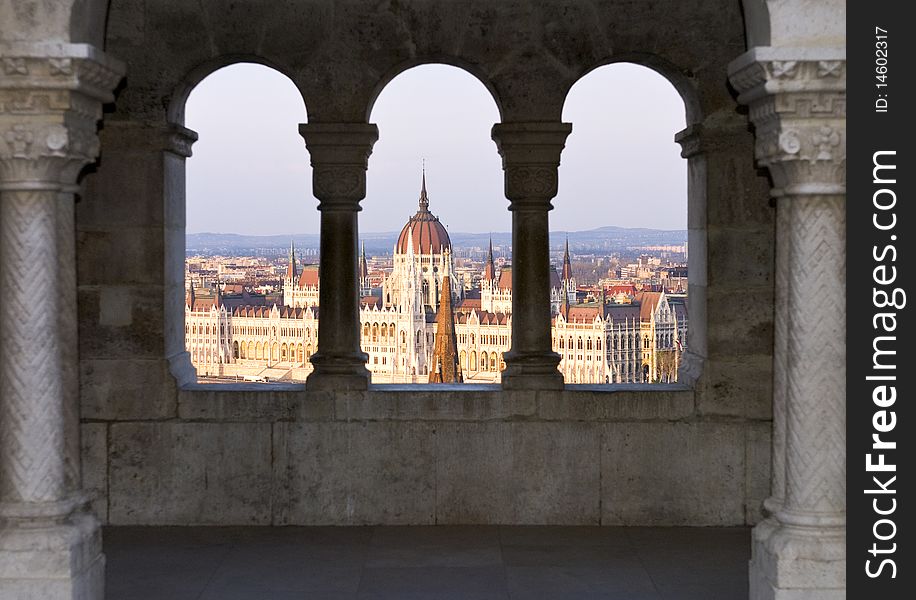 Cityscape of Budapest with the parliament building, from Budapest castle.