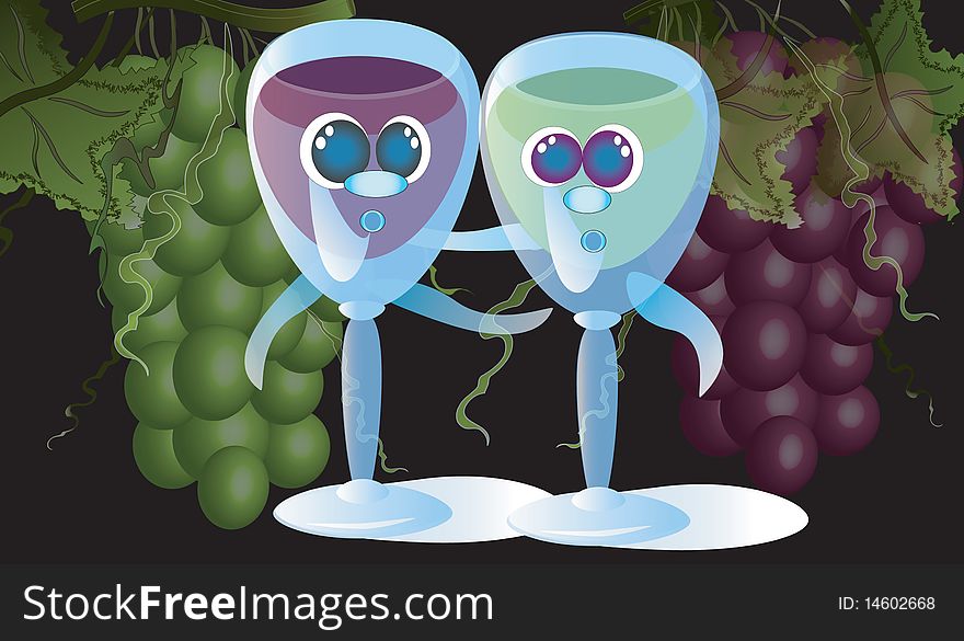 Cartoon: singing glasses and grapes at the black. Cartoon: singing glasses and grapes at the black.