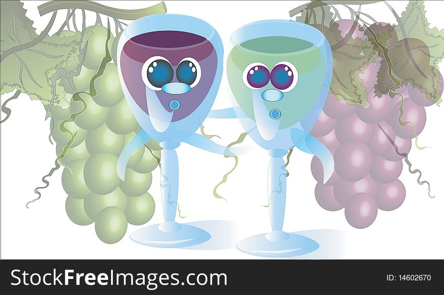 Cartoon; vine glasses and grapesat at the white. Cartoon; vine glasses and grapesat at the white