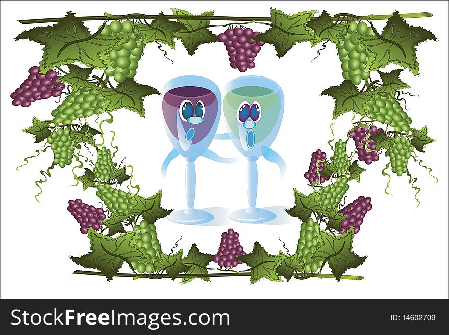 Cartoon :singing wine glasses and grapes frame . Cartoon :singing wine glasses and grapes frame .
