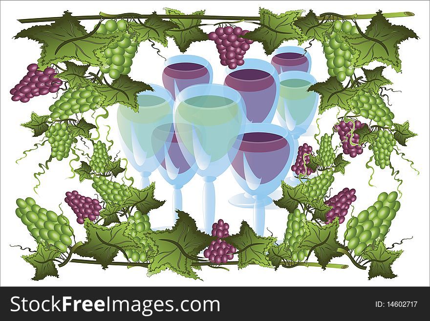 Frame with grapes and lot of the vine glasses. Frame with grapes and lot of the vine glasses.