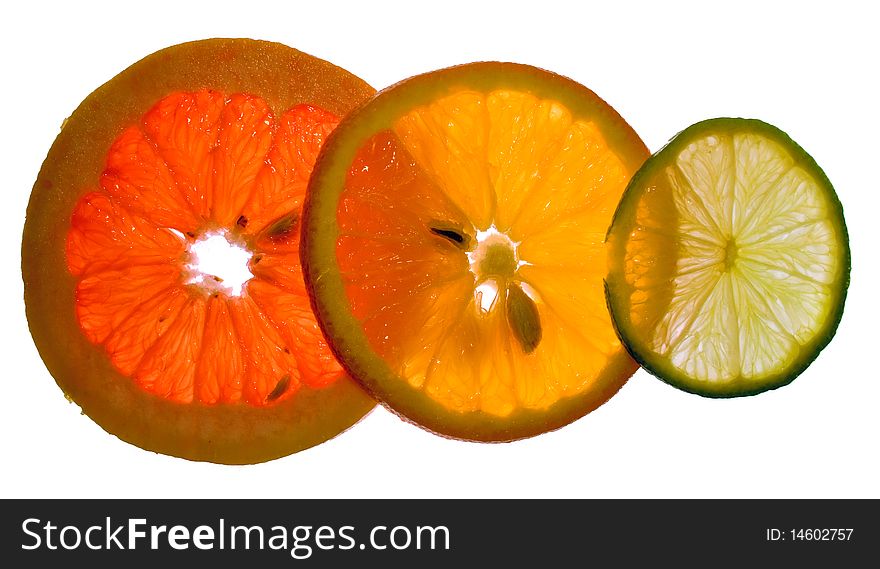 Three juicy colorful citrus fruits