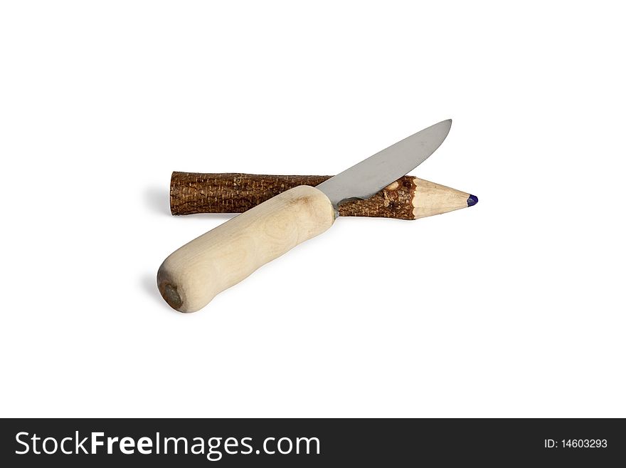 Handmade knife with big, rough pencil, isolated. Contain path. Handmade knife with big, rough pencil, isolated. Contain path