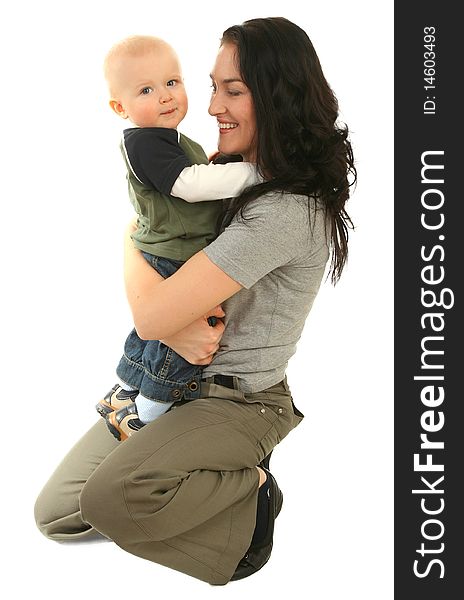 Happy mother with little son on white background