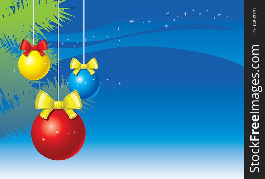 Decoration for christmas tree - colore balls with ribbons and branch on the background. Decoration for christmas tree - colore balls with ribbons and branch on the background