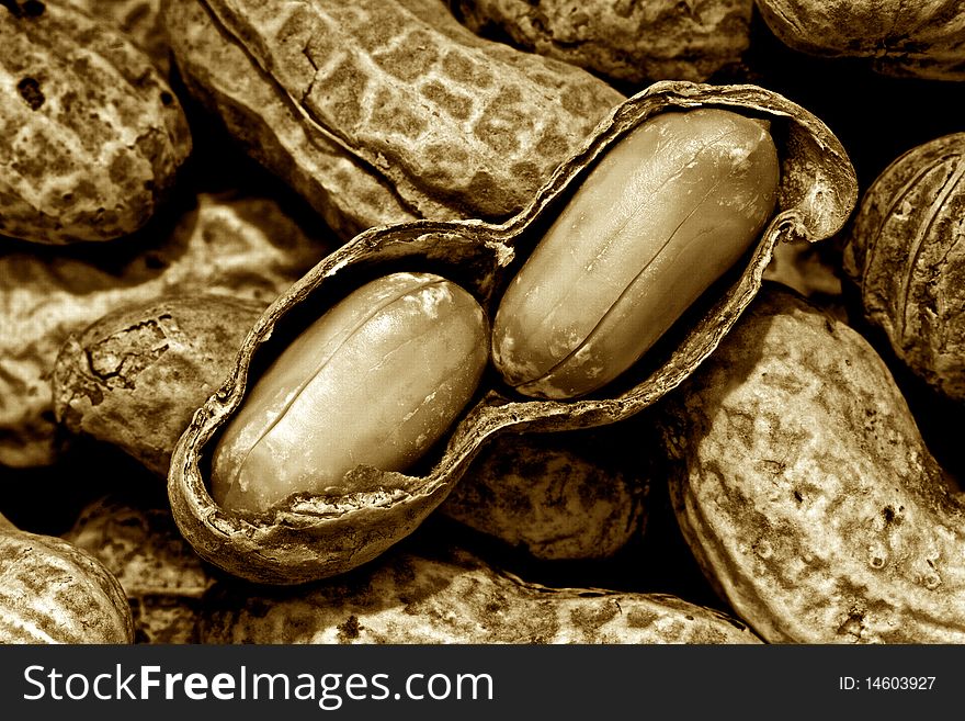 Macro photograph of an exposed peanut sitting on top of other peanuts