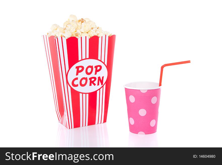 A container with popcorn and a cup with a straw isolated over white