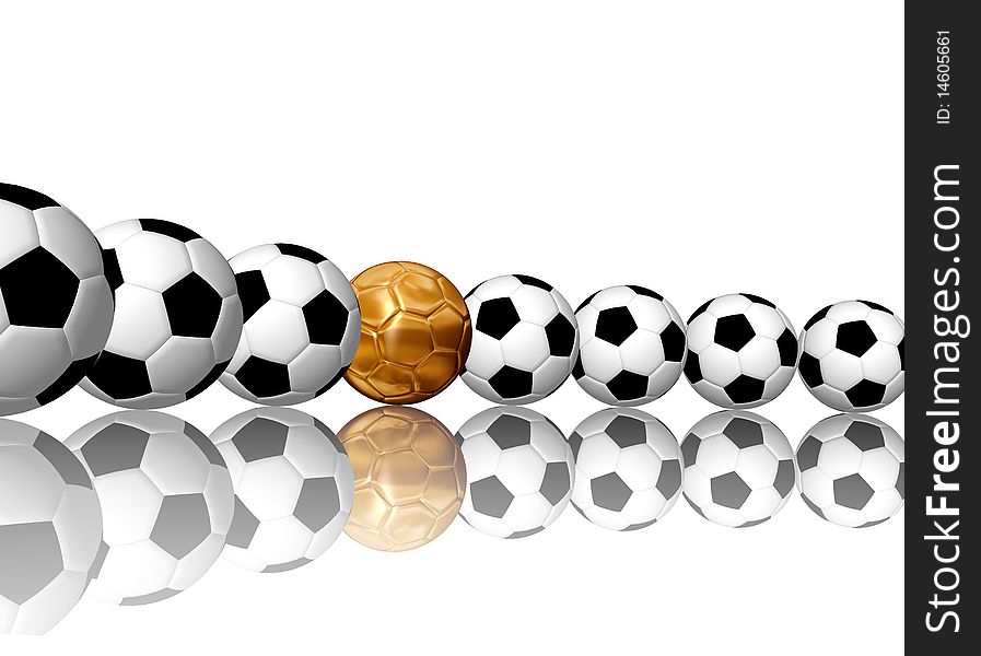 3d soccer balls with reflection and golden ball in the middle. 3d soccer balls with reflection and golden ball in the middle