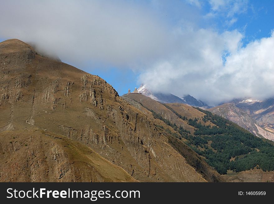 Kazbeg mountain and Trinity Church