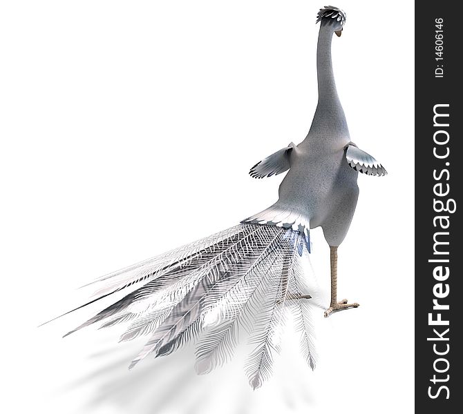 White fantasy bird with beautiful feathers. 3D rendering with clipping path and shadow over white