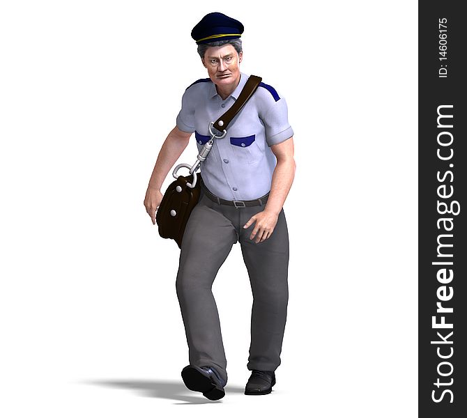 Funnny postman with hat and letter bag. 3D rendering with clipping path and shadow over white